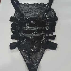 Black Lace Bodysuit with Floral Details